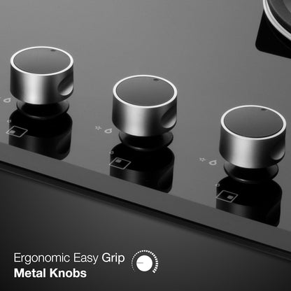 KAFF 3 Burners Built-in Hob & Hobtop For Modular kitchen -8 MM|Auto Electric Ignition Glass Top| Full Brass Burner| Enamelled Matt Finish, Easy Grip Knobs, Toughened Glass (Black,80CM) | FBB 603 |