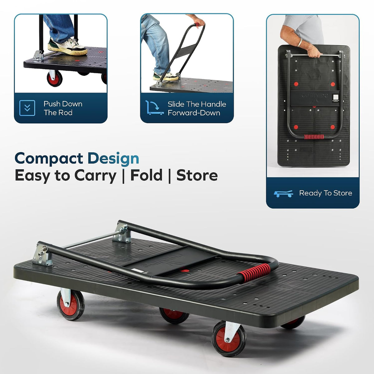 CORVIDS 600 KG Heavy Duty Foldable Hand Platform Trolley| 2 Year Warranty | Industrial Push Cart for Warehouse, Factory & Shop | Anti-Skid Material Handling Truck, Honeycomb Base, 5 Heavy Duty Wheels