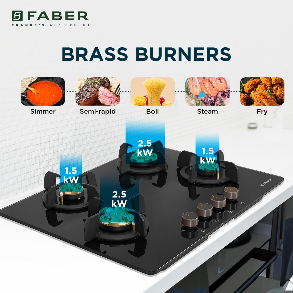 Faber 4 Burner 70cm Hobtop|Auto-Ignition |Metal Knobs|Cast Iron Pan Support |Hob/Cooktop Hybrid| Black Glass Finish |5 Y