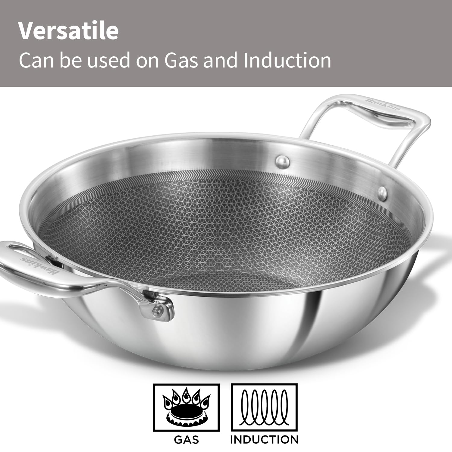 Hawkins Pro 3.5 Litre Shielded Nonstick Triply Deep-Fry Pan, Kadhai with Stainless Steel Handles and Glass Lid, Silver (PSNK35G), 26 cm