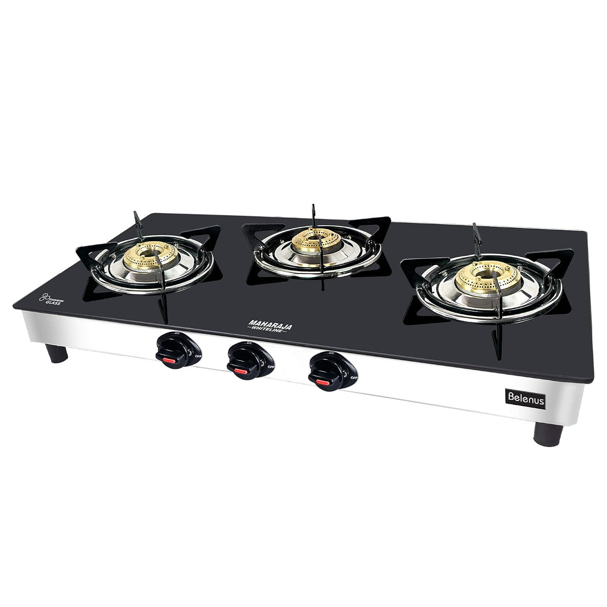 Maharaja Whiteline Belenus Toughened Glas 3 Burner Open Gas Stove, Black