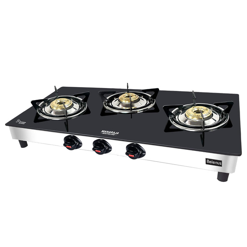 Maharaja Whiteline Belenus Toughened Glas 3 Burner Open Gas Stove, Black