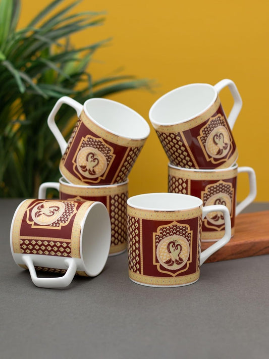 Clay Craft Fine Ceramic Director Printed Tea/Coffee Set of 6-200 ml Each (Maroon), Tea Cup Set of 6, Microwave & Dishwasher Safe, Mugs for Coffee, Cups Set of 6, Mug Set, Gift Set, Ideal for Gifting
