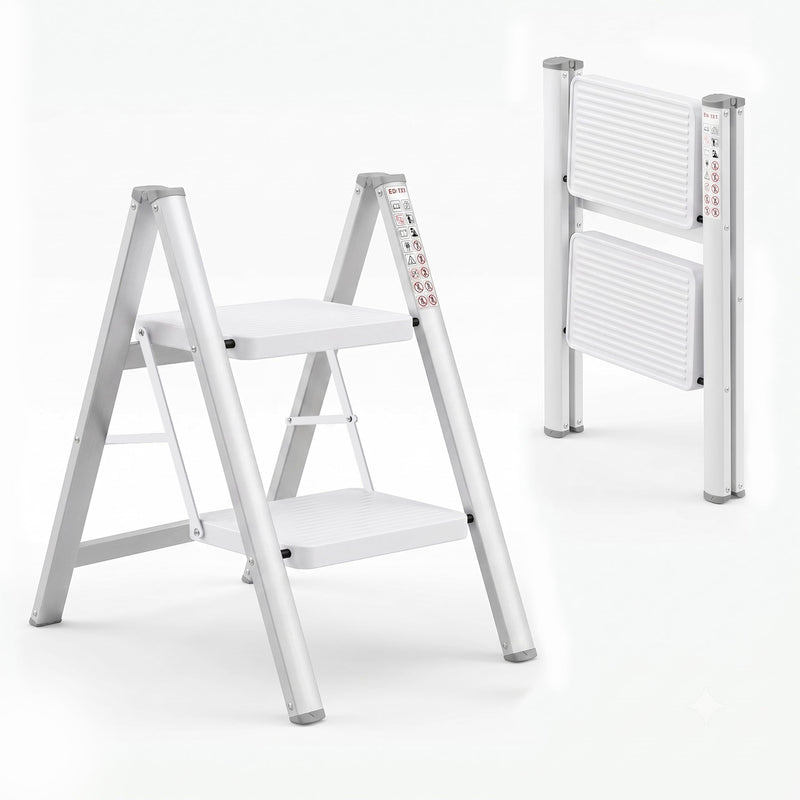 Corvids 4-Step Heavy-Duty Carbon Steel Step Stool, 2-Year Warranty, Anti-Slip Wide Steps, Portable Multipurpose Folding Step Ladder for Home, Kitchen & Office Use (White)