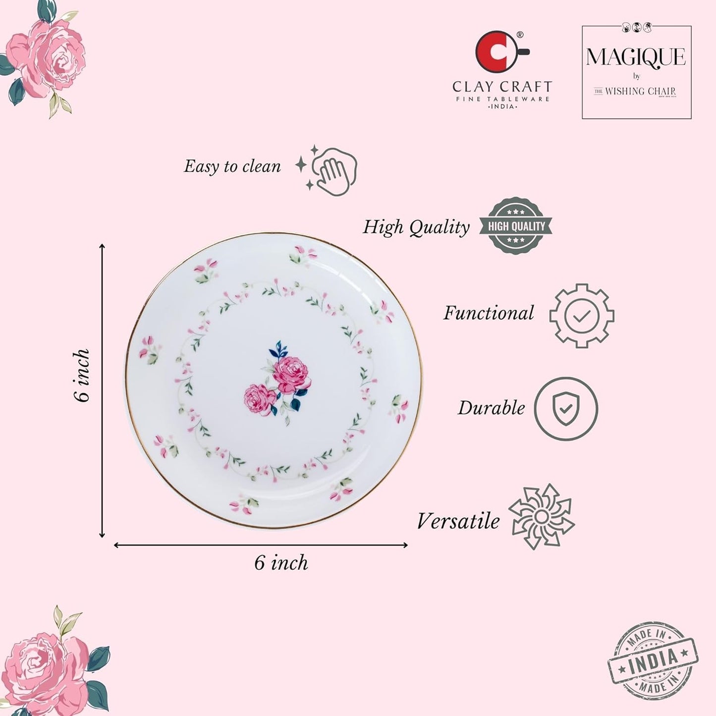 Magique by The Wishing Chair x ClayCraft : Portrait of a Rose Ceramic Plates Set of 4 | 6 Inches | Snack Plates | Elegant Lightweight Small Ceramic Plates for Appetizers & Desserts | Dishwasher Safe