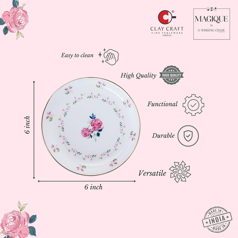 Magique by The Wishing Chair x ClayCraft : Portrait of a Rose Ceramic Plates Set of 4 | 6 Inches | Snack Plates | Elegant Lightweight Small Ceramic Plates for Appetizers & Desserts | Dishwasher Safe