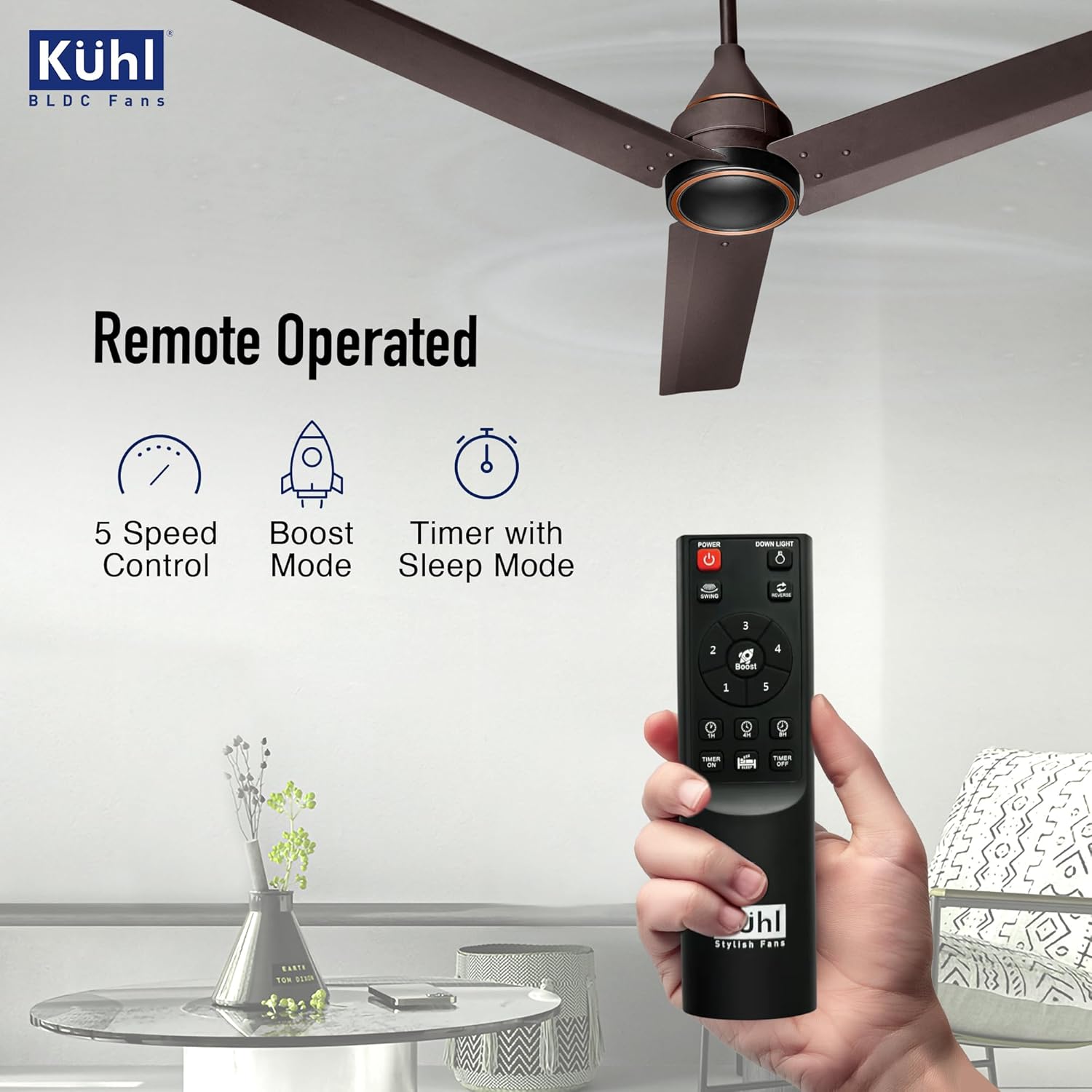 KUHL Arctis A4 1200 mm BLDC 65% Power Saving BLDC Ceiling Fan With Remote | BEE 5 Star Rated & ISI Marked | High Air Flow | 5 Year Warranty on Motor | Espresso Dual