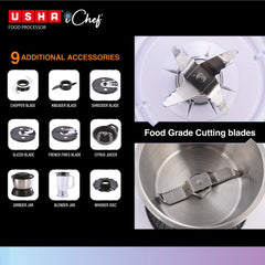 Usha ICHEF Food Processor 800 Watts Copper Motor with 9 Accessories & 8 Functions (BLACK)