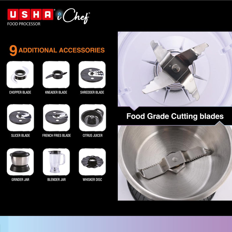 Usha ICHEF Food Processor 800 Watts Copper Motor with 9 Accessories & 8 Functions (BLACK)