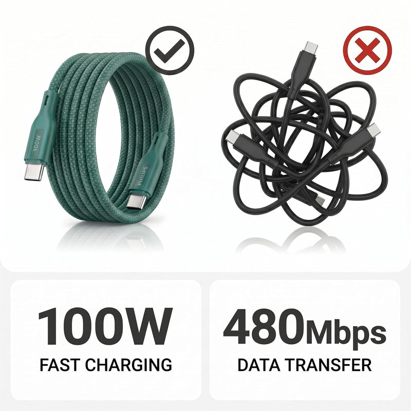 Philips DLC7130CT 100W Magnetic Type-C to Type-C Fast Charging Cable (1m, Crystal Teal)