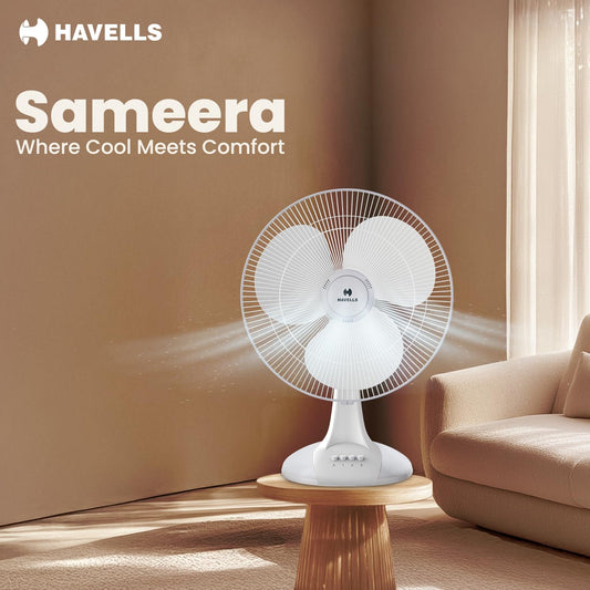 Havells Sameera 400mm Table Fan | Jerk free oscillation, 120 ribs guard, 3 Speed Settings, 1360 RPM Powerful Motor | Aerodynamically designed &amp; balanced PP blades, 2 Year Warranty | (Pack of 1, White)