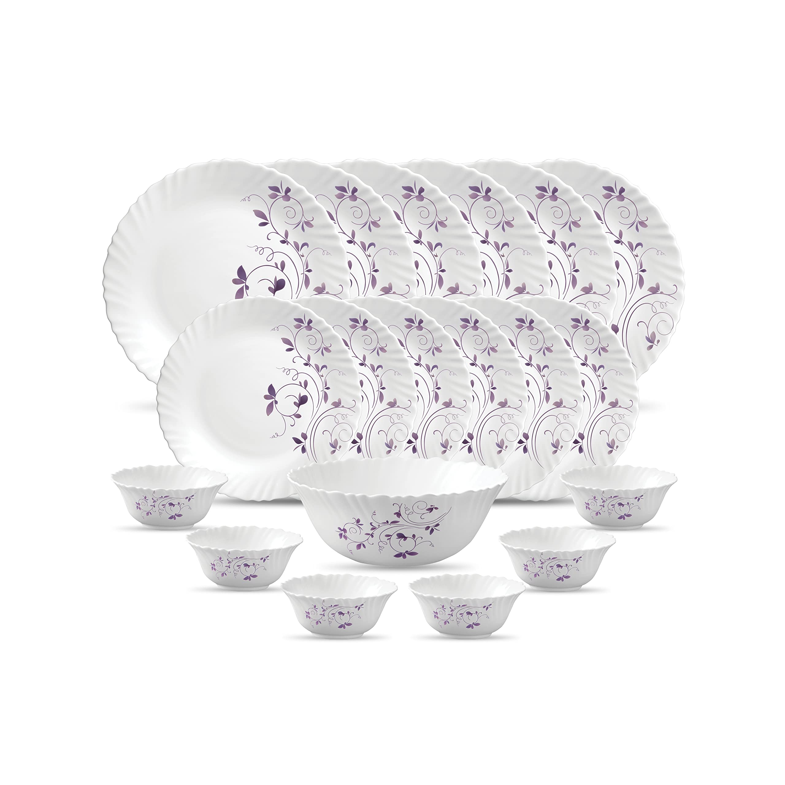 La Opala Diva Classique Collection Opal Glass Crockery | for Family of 6 | Dinner Set 19 pcs Fluted Green | Plates & Bowls for Dining | Microwave Safe | 100% Vegetarian | Extra Strong | White