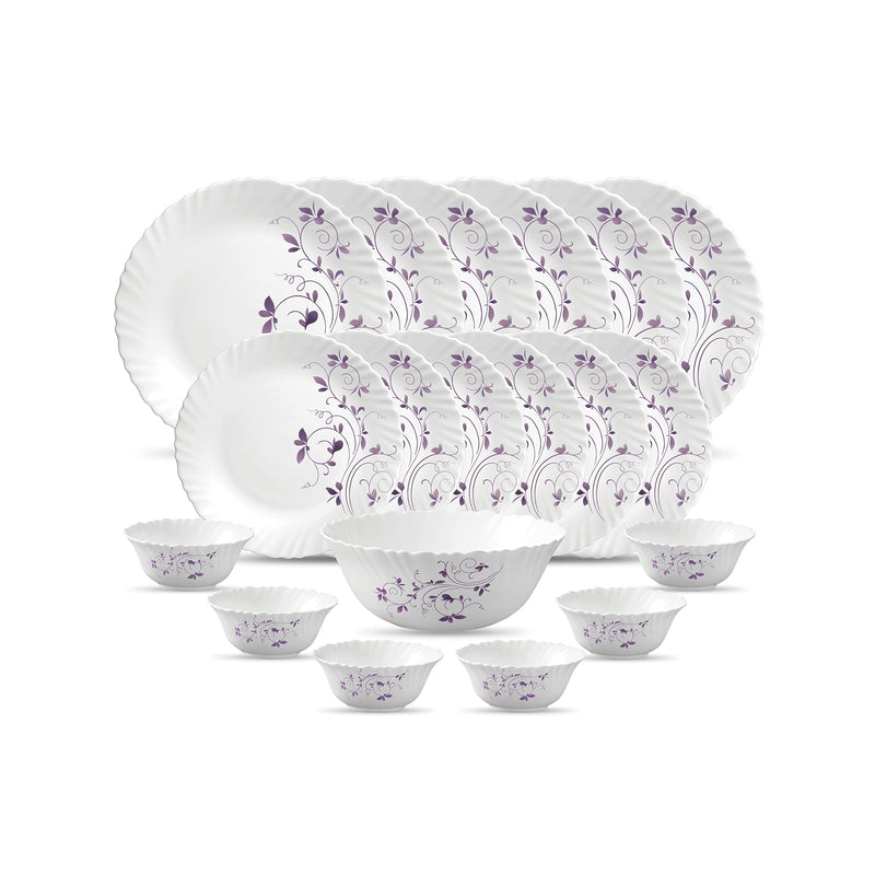 La Opala Diva Classique Collection Opal Glass Crockery | for Family of 6 | Dinner Set 19 pcs Tulip Passion | Plates & Bowls for Dining | Microwave Safe | 100% Vegetarian | Extra Strong | White