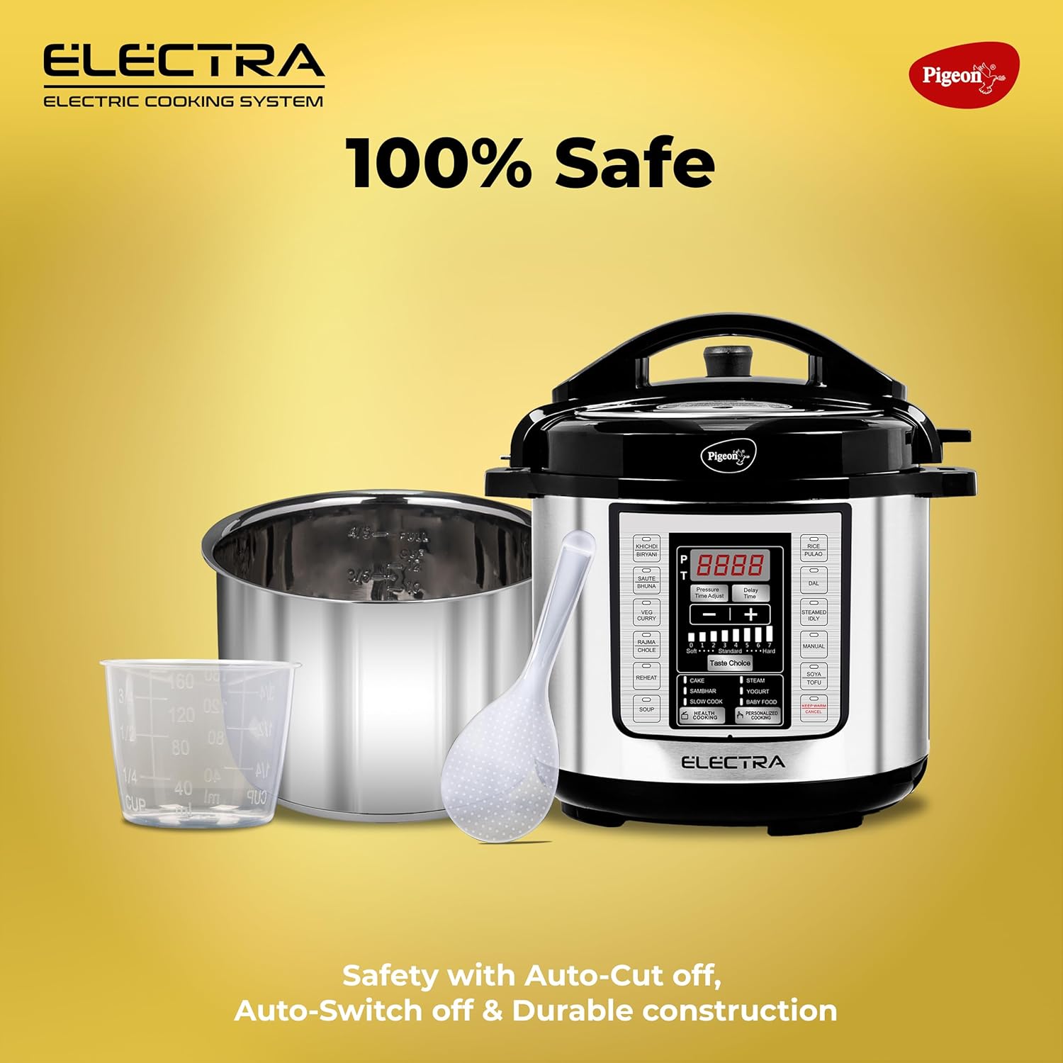 Pigeon By Stovekraft Electra Smart 6 Litre Electric Pressure Cooker with Digital Display | 18 Indian Preset Menu | Automatic Rice Cooker | Delay Timer & More (Stainless Steel)