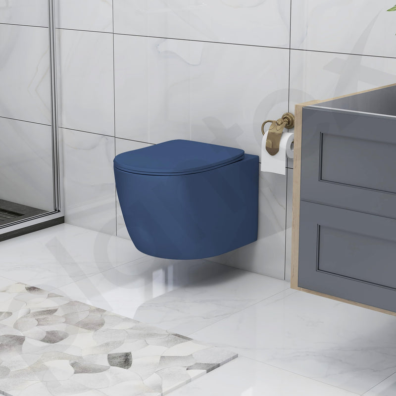 Plantex Imported Ceramic Wall Hung Commode/Rimless Washdown Western Toilet/Commode with Soft Close Toilet Seat - P Trap (Round- Dark Blue)-6