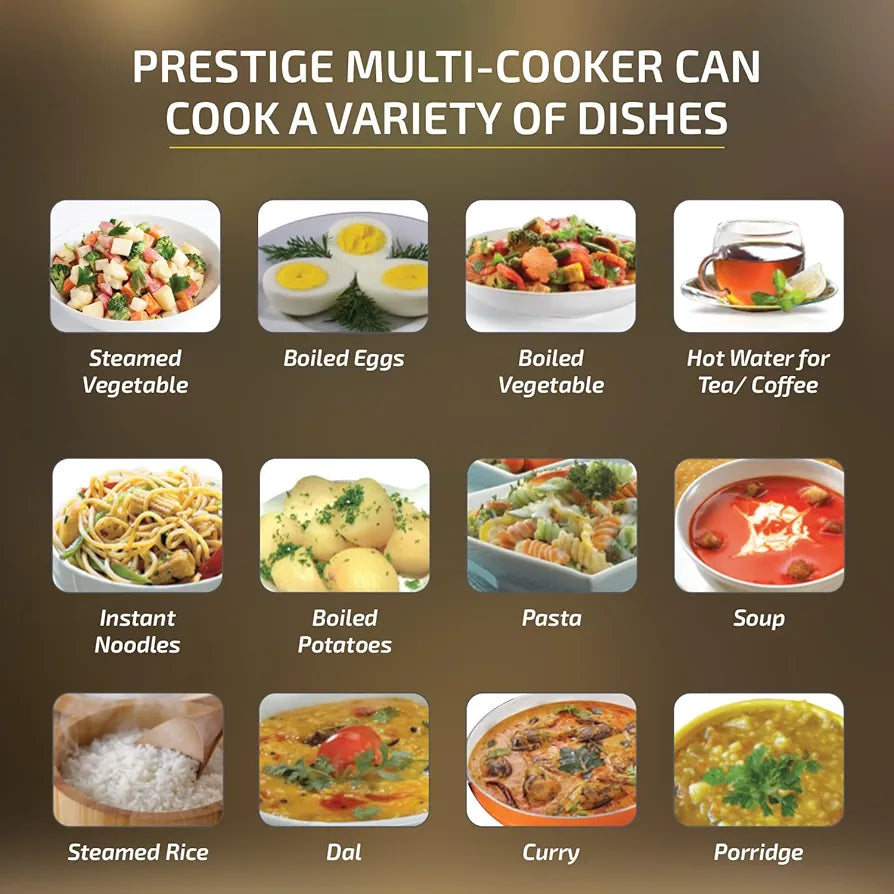 Prestige Multi-Cooker 1.5 Litre with Steamer and Egg Rack | Precise Temperature Control| Elegant Glass Lid| Concealed Element| 360 Degree Swivel| Cool Touch Handle| PMC 4.0