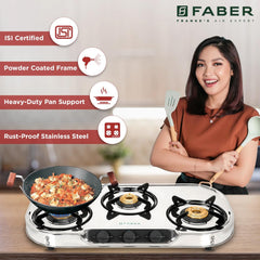 Faber high efficiency 3 Brass Burner gas stove|| Stainless Steel|| ISI Certified gas stove, Manual Ignition, (COOKTOP CR
