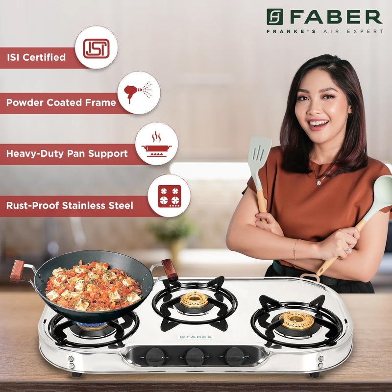 Faber high efficiency 3 Brass Burner gas stove|| Stainless Steel|| ISI Certified gas stove, Manual Ignition, (COOKTOP CR