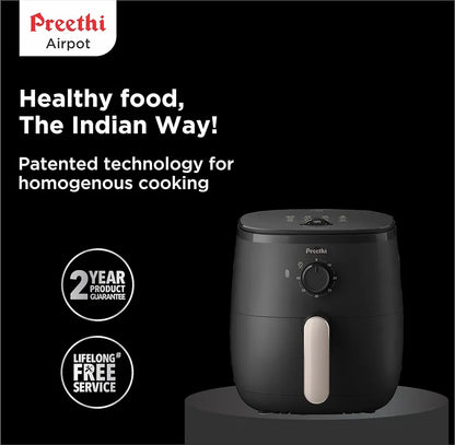 Preethi AIRPOT  APT001, uses up to 90% less fat, 1500W, Grill, Bake, Fry, Roast, Reheat, Airfryer for 4-5 people, 90+ Recipes, with Fast Flux Technology , Large 3.7 liter