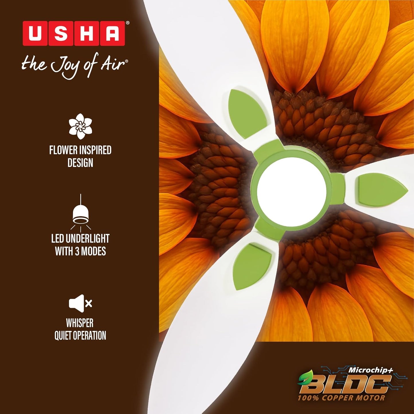 USHA New Bloom Series Sunspire Glow (Inspired by Sunflower) BLDC Ceiling Fan with Underlight with 3 Modes | RF Remote | Whisper-Quiet | Dust-Resistant (White & Saffron Yellow)