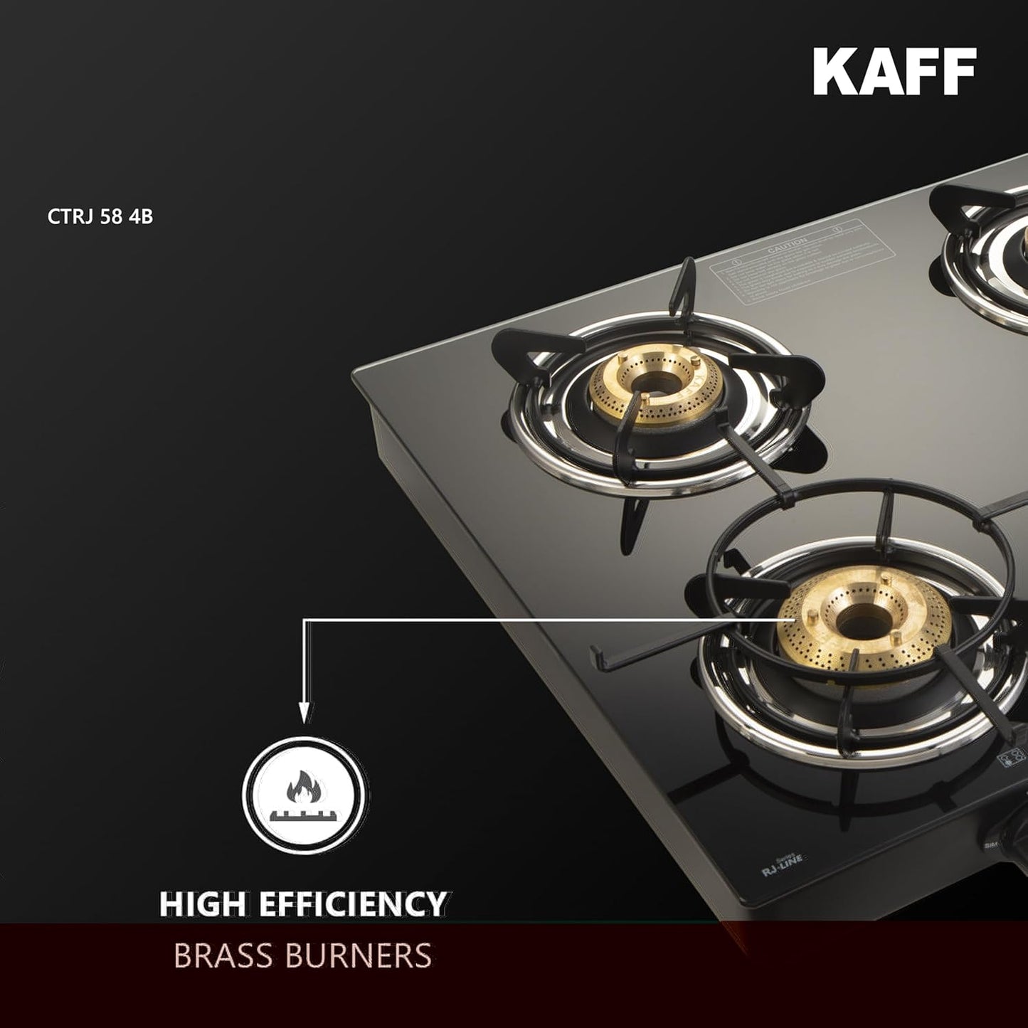 KAFF Cooktop | 4 Burners with Slim Line Design 58 CM | 1 Jumbo burner | High Efficiency Brass Burners, Black Tempered Glass | Matt Enamelled Pan Support | Black | CTRJ58-4B