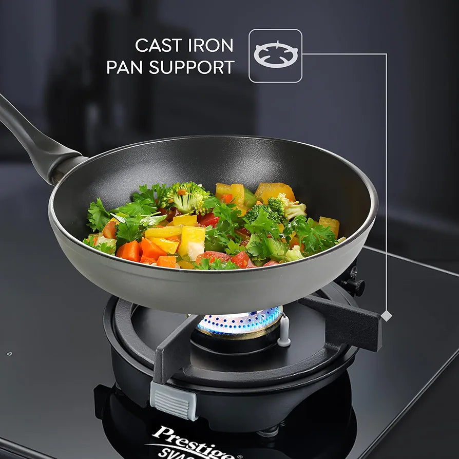 Prestige Svachh Efficia 02AI Hob LP Gas Table|One Touch Advanced Auto Ignition| 8mm Thick superior Toughened Glass|Cast Iron Pan Support|Brass Burners-2|Black