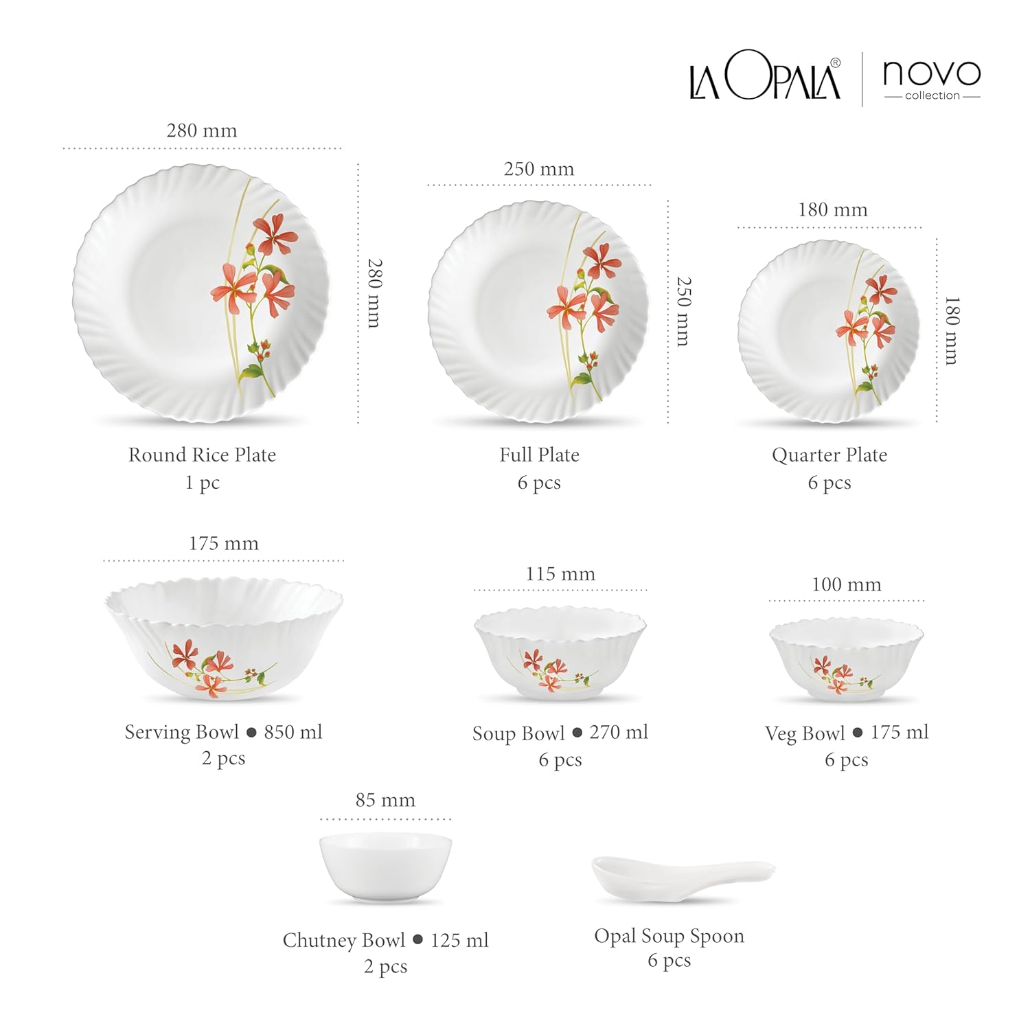 La Opala Novo Collection Opal Glass Crockery | for Family of 6 | Dinner Set 35 pcs Coral Charm | Plates & Bowls for Dining | Microwave Safe | 100% Vegetarian | Extra Strong | Light & White
