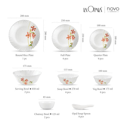 La Opala Novo Collection Opal Glass Crockery | for Family of 6 | Dinner Set 35 pcs Coral Charm | Plates & Bowls for Dining | Microwave Safe | 100% Vegetarian | Extra Strong | Light & White