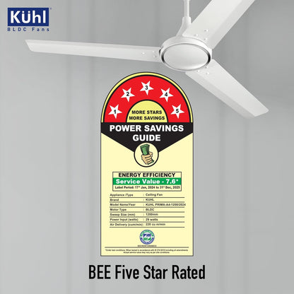 KUHL Prima A4 1200mm Decorative Power Saving BLDC Ceiling Fan with Remote | 29W | Saves upto 65% Electricity | 5 Star | High Air Flow | Stylish Design | White