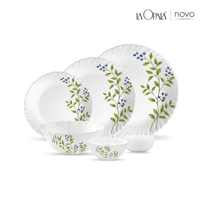 La Opala Novo Collection Opal Glass Crockery | for Family of 6 | Dinner Set 23 pcs Lush Greens | Plates & Bowls for Dining | Microwave Safe | 100% Vegetarian | Extra Strong | Light & White