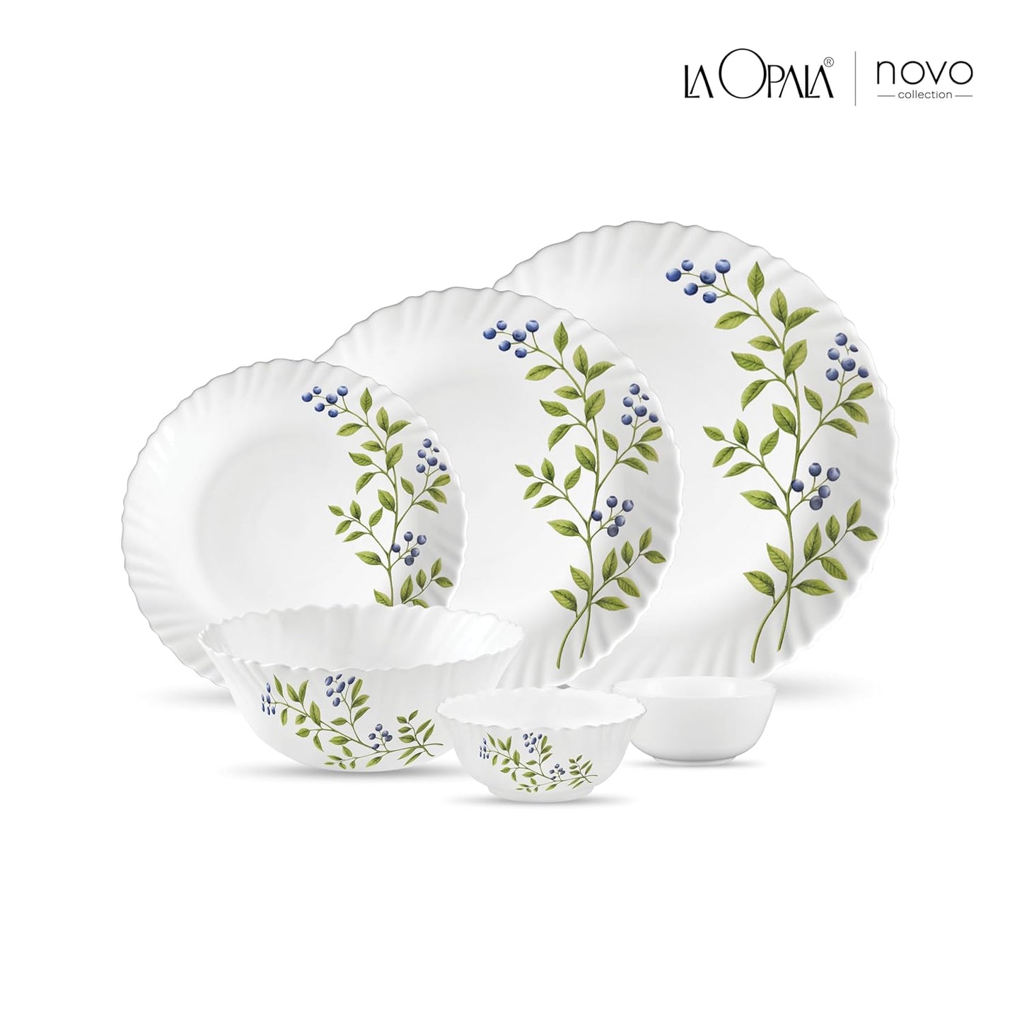 La Opala Novo Collection Opal Glass Crockery | for Family of 6 | Dinner Set 23 pcs Lush Greens | Plates & Bowls for Dining | Microwave Safe | 100% Vegetarian | Extra Strong | Light & White