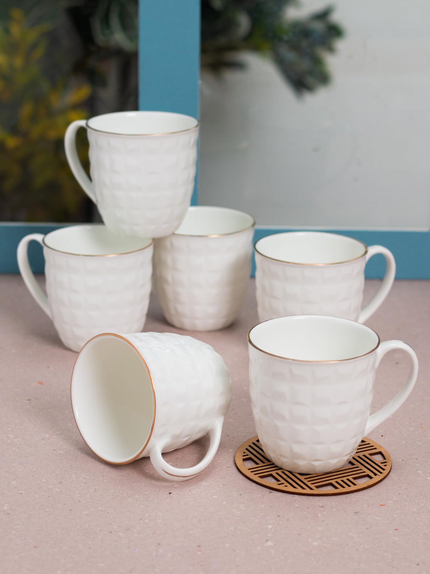 Clay Craft Impression Ceramic Gold Line Coffee Mugs/Tea Cups Set of 6 Pieces, 200ml, White (Omega)