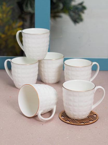 Clay Craft Impression Ceramic Gold Line Coffee Mugs/Tea Cups Set of 6 Pieces, 200ml, White (Omega)