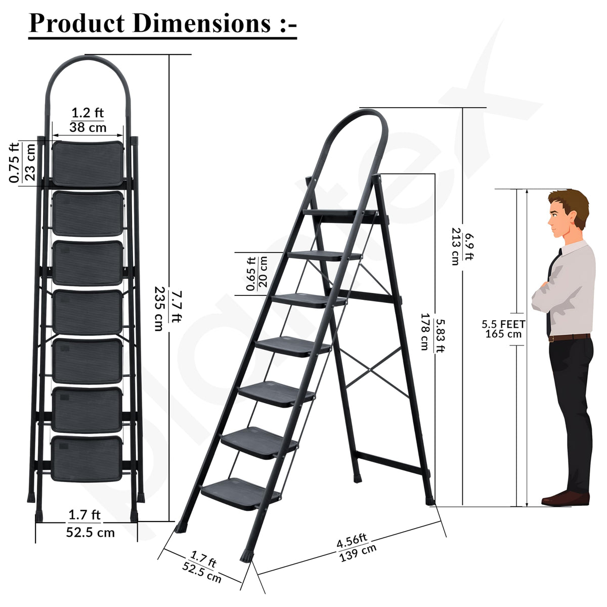 Plantex Hercules Pro 7-Step Foldable Ladder for Home with 150 kg Load Capacity/Heavy-Duty Steel Ladder/Anti-Slip Wide Step/Strong, Stable & Multi-Purpose (Black)