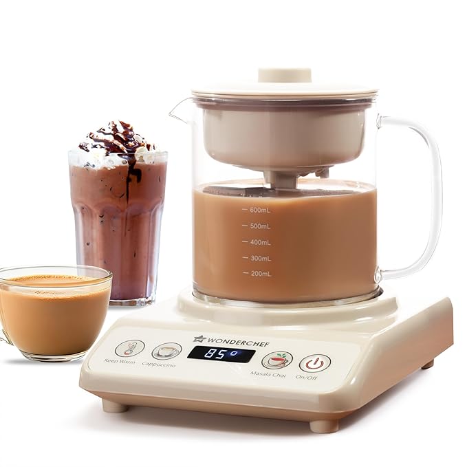 Wonderchef Chai Magic, Fully Automatic Tea & Cappuccino Maker, Make Masala Chai/Cutting Chai/Kahwa/, No Spills, No Overcooking, 4 Modes, Boil Milk/Water/Coffee, 500ML Glass Jar, 2-Yr Warranty