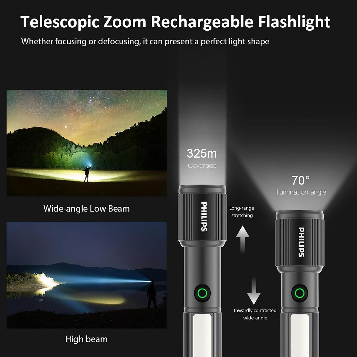 Philips 7W Torch Rechargeable, Magnetic Torch & Side Light, Telescopic Zoom