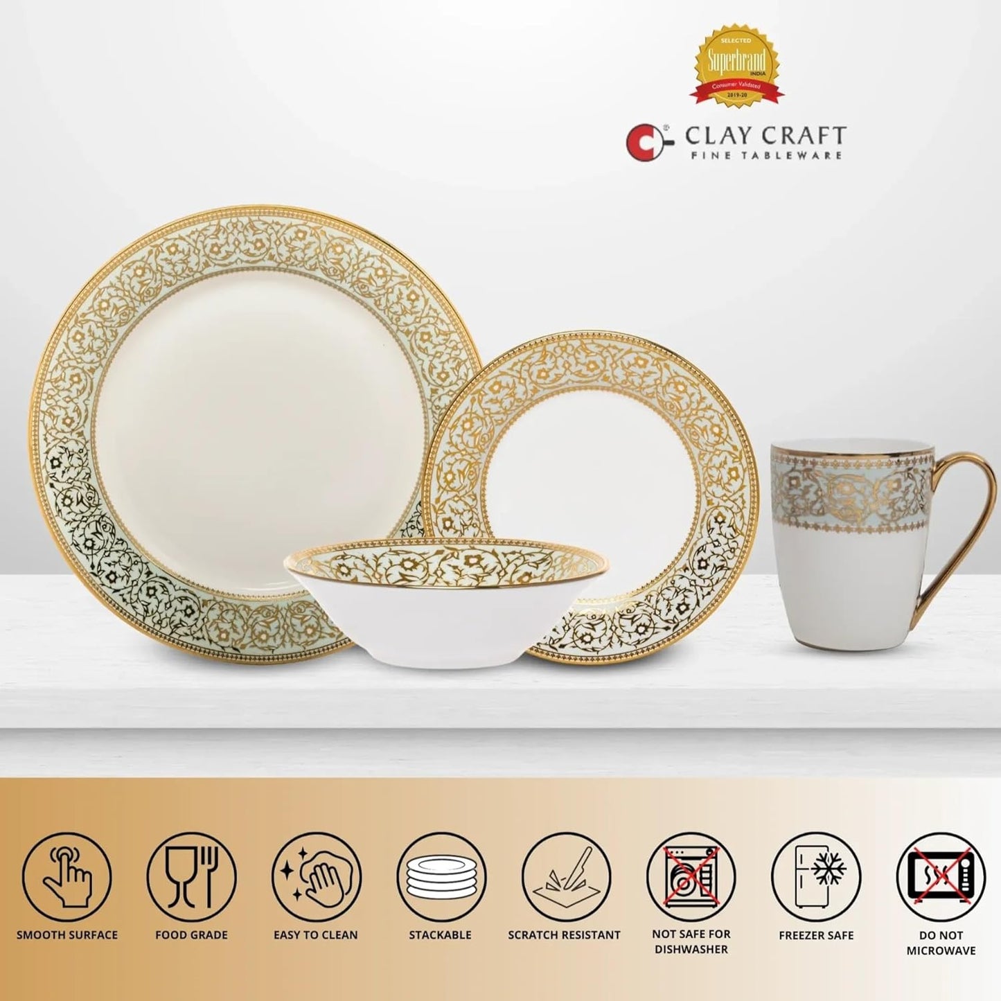 Clay Craft Fine Ceramic Georgian Ebony Floral Dinner Set (Set of 16) (E647), Enchanting Gold, for Family of 4, Dinner Set Ceramic, Dining Set for Dinner, Crockery Set for Gift, Kitchen Set for Home