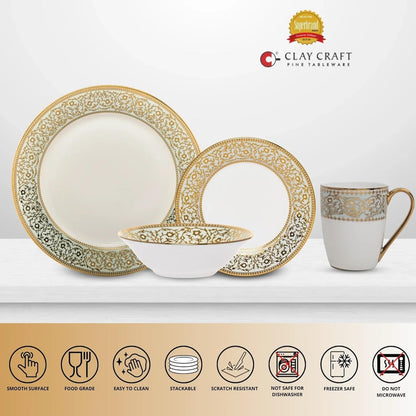 Clay Craft Fine Ceramic Georgian Ebony Floral Dinner Set (Set of 16) (E647), Enchanting Gold, for Family of 4, Dinner Set Ceramic, Dining Set for Dinner, Crockery Set for Gift, Kitchen Set for Home