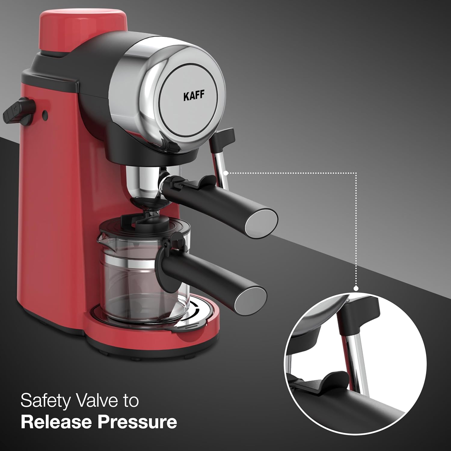 KAFF VIENNA 800 Watts Espresso, Cappuccino and Latte Coffee Maker, Glass Carafe Jar, 750W, with Automatic Pressure-Release, Over-Heat and Over-Pressure Protecting Device (Red)