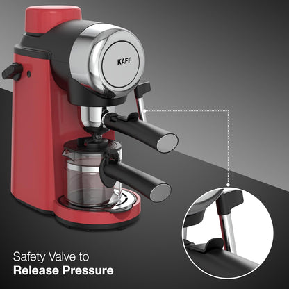 KAFF VIENNA 800 Watts Espresso, Cappuccino and Latte Coffee Maker, Glass Carafe Jar, 750W, with Automatic Pressure-Release, Over-Heat and Over-Pressure Protecting Device (Red)