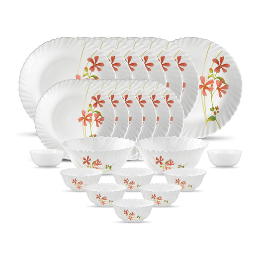 La Opala, Novo Collection, Opal Glass Floral Dinner Set 23 Pcs, Coral Charm, White