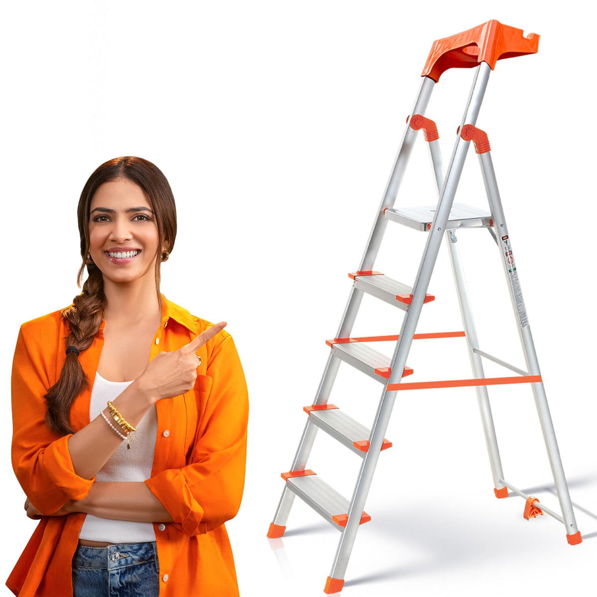 PROHOME Aluminium Ladder for Home 5 Steps Foldable with Railing & Anti-Skid Wide Steps | 5 Step Ladder for Home Use, Kitchen & Household | 250 Kg Capacity Folding Ladder | 5 Year Warranty (Orange)