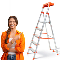 PROHOME Aluminium Ladder for Home 5 Steps Foldable with Railing & Anti-Skid Wide Steps | 5 Step Ladder for Home Use, Kitchen & Household | 250 Kg Capacity Folding Ladder | 5 Year Warranty (Orange)