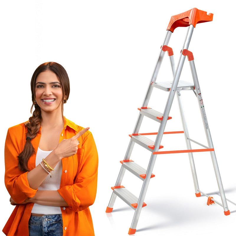 PROHOME Aluminium Ladder for Home 6 Steps Foldable with Tool Tray & Anti-Skid Wide Steps | 6 Step Ladder for Home Use, Kitchen & Household | 250 Kg Capacity Folding Ladder | 5 Year Warranty (Orange)