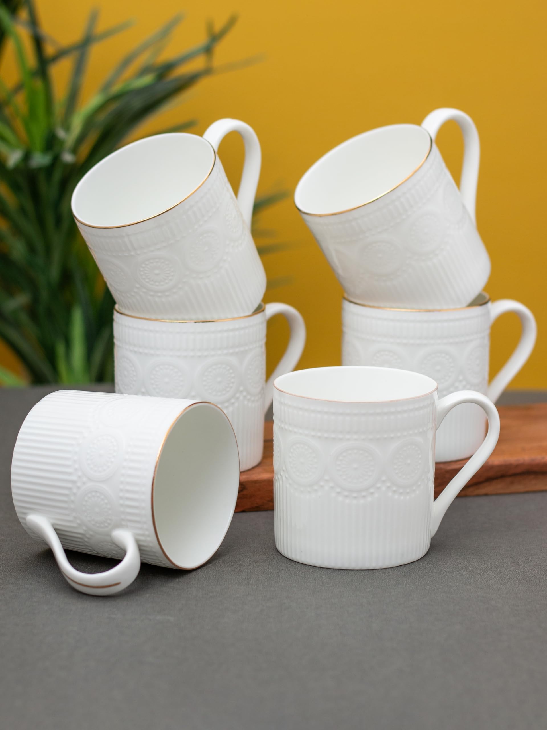 Clay Craft Impression Ceramic Gold Line Coffee Mugs/Tea Cups Set of 6 Pieces, 200ml, White (Omega)