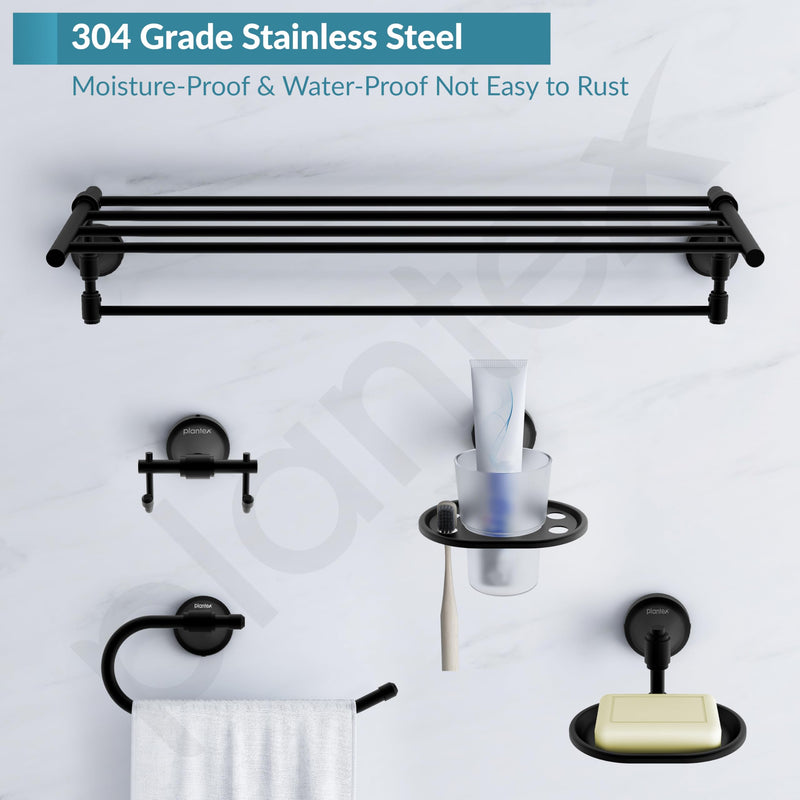 Plantex 304 Grade Stainless Steel Bathroom Accessories Set of 5 - Towel Stand/Napking Ring/Soap Stand/Toothbrush Holder/Robe Hanger - Niko (Black)-4