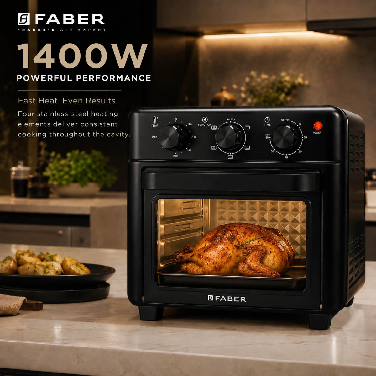 Faber Air Fryer Oven 14L 1400W|View Window|Bake Tray,Crumb Tray & Tray Handle|Dishwasher safe removable parts|6 cooking 