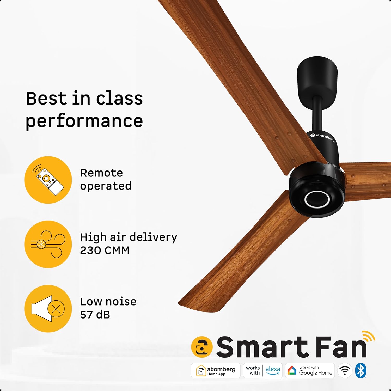 atomberg Renesa Elite Smart 1200mm Voice Enabled BLDC Ceiling Fan with Remote Control | BEE 5 star | High Air Delivery with Moonbeam LED Light | Designer Fan | 5 Year Warranty | Golden Oakwood