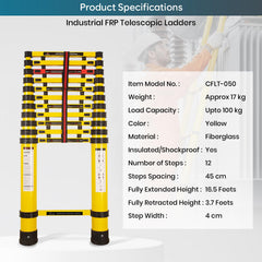 Corvids 5.0m (16.5 Feet) Portable & Compact Heavy-Duty FRP Telescopic Ladder with 12 Steps | Shockproof & Non-Conductive | Collapsible Multipurpose Ladder for Home, Industrial & Outdoor Use