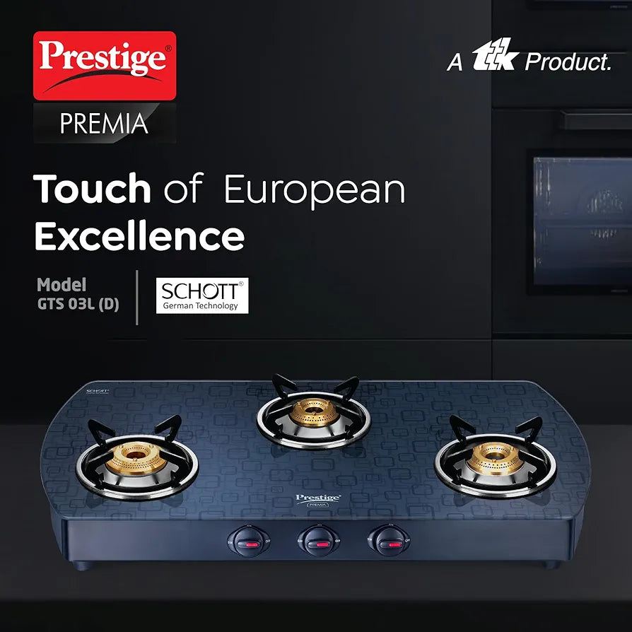 Prestige Premia Schott Glass-Top GTS 03L   3 Brass Burner Gas Stove | Black | Ergonomic Knob | SABAF Gas Valves | Individual Pan Support | Tri-Pin Burners
